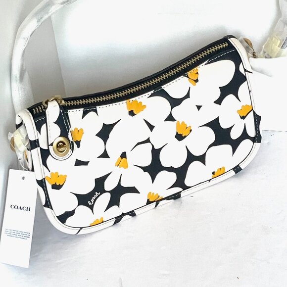Coach Swinger Bag 20 Floral Daisy CR509 Leather Chalk White Black Shoulder - Picture 4 of 13